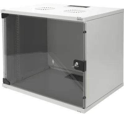 Immagine prodotto di DIGITUS Armadio di rete - Rack 19 pollici 9 U - non montato - montaggio a parete - profondità 400 mm - Capacità di carico 60 kg - porta in vetro - serie SOHO - grigio