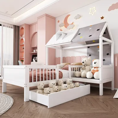 Produktbild von Flieks Kinderbett 90x200cm mit Rausfallschutz und Lattenrost, Hausbett mit Schublade und Sessel, Holzbett Einzelbett für Kinder ohne Matratze, Weiß