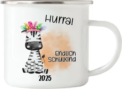 Produktbild von Endlich Schulkind 2025 Zebra Emaille Tasse Schuleinführung Sohn Tochter Geschenk Schulanfang Erstklässler