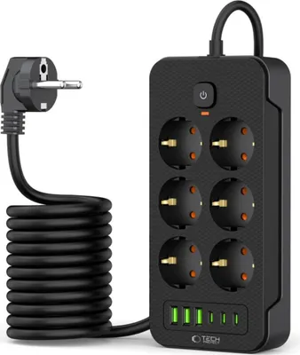 Image de Tech-Protect Pc6X6 Power Strip 3 Usb & 3 Type-C & 6 Socket 200Cm Black
