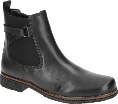 A single black leather boot is shown against a white background.