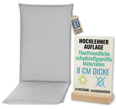 Produktbild von Pillows24 - Hochlehner Auflagen 120x50x8 cm | Bequeme & Wetterfeste Gartenstuhlauflagen | Polster Sitzkissen für  Gartenmöbel |   EU | Grau