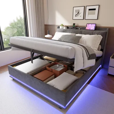 Produktbild von REMZETTA Polsterbett 140 x 200 cm für Erwachsene, Samtbett mit Bettkasten, hydraulischem Lattenrost, RGB-LED, USB-A, USB-C und gepolstertem Kopfteil, Grau