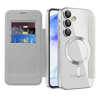 Obrázek produktu pro Pouzdro pro Samsung Galaxy A55 kompatibilní s MagSafe, průhledné pouzdro s držákem karet, kožené pouzdro s ochranou kamery Stříbro