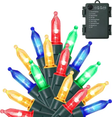 A string of colorful LED lights with a battery pack.