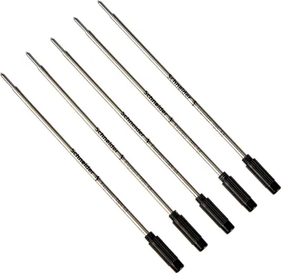 Five ballpoint pen refills are arranged diagonally on a white background.