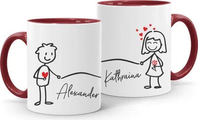 Produktbild von Kaffee-Tasse mit Namen Liebes-Paar Strichmännchen Motiv personalisierbar Liebesgeschenke Valentinstag Weihnachten (1 Tasse) SpecialMe® Variante 1 inner-bordeaux Keramik-Tasse