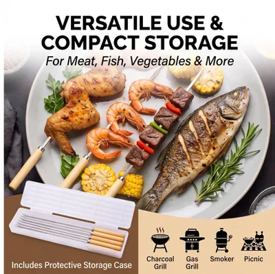 Imagen del producto de Brochetas de acero inoxidable, juego de 20 unidades, con mango de madera, para carne y verduras
