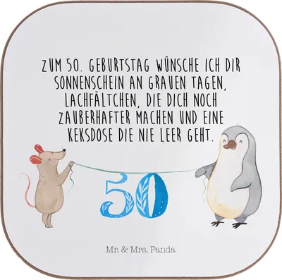 Produktbild von Mr. & Mrs. Panda Tischuntersetzer 50. Geburtstag Maus Pinguin - Weiß - Geschenk, Feiern, gläseruntersetzer, Coaster, Untersetzer für Gläser, Kuchen, Glas, Happy Birthday