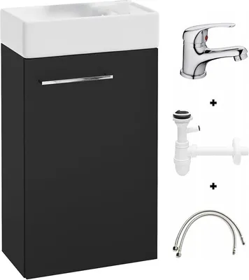 Imagen del producto de Mueble de baño Domodomo con lavabo, mueble para lavabo de 40 x 60 x 21,3 cm, juego de lavabo de cerámica, armario de pared para baño pequeño ( + juego de grifería para lavabo)