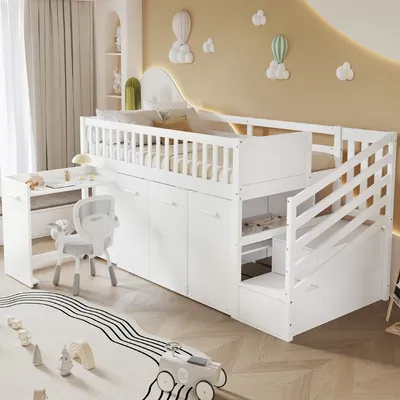Produktbild von Flieks Etagenbett 90x200cm mit Herausnehmbarem Schreibtisch, Kinderbett Hausbett mit Gaderobe & Schrank, Hochbett mit Treppe, Stockbett Holzbett, Weiß