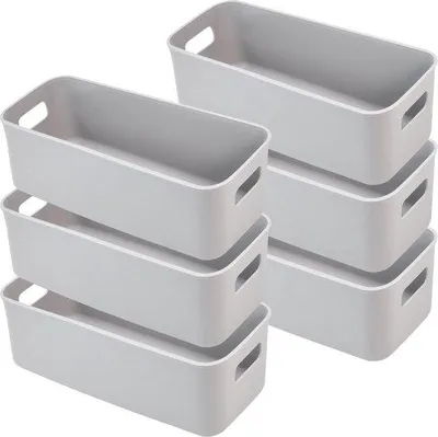 Imagen del producto de Juego de 6 cajas de almacenamiento de plástico Unyqoos®, color gris, 28 x 10 x 9,5 cm – organizadores apilables con asas, ideales para la cocina, el baño y la oficina