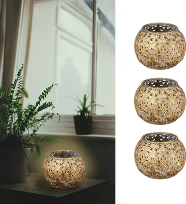 Produktbild von Mandala Windlicht Kugelform 3er Set 9x7cm mit Glaseinsatz Gartendeko Wohndeko Kerzenhalter Teelichtgefäß