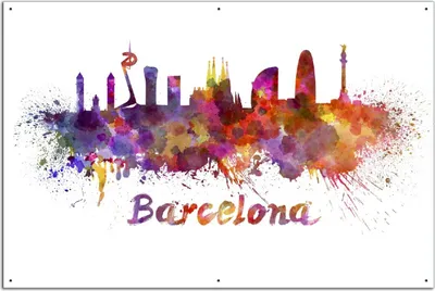Produktbild von Wallario Outdoor-Poster für Garten oder Balkon, Motiv Städte als Aquarell - Skyline von Barcelona, in ca. 61 x 91,50 cm