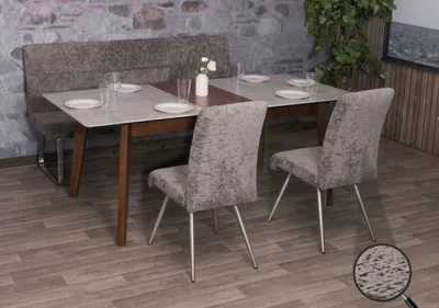 Obrázok produktu pre Jedálenský set HWC-G55, sada 2 stoličiek + lavica 180 cm, brúsená nerezová oceľ látka/textilný šenil ~ tmavosivá