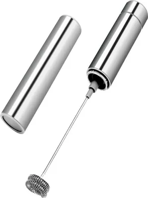 A silver electric milk frother with its protective cover, set against a white background.