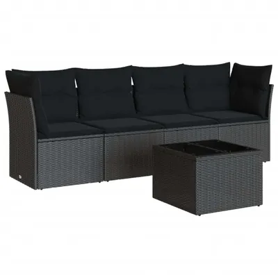 Produktbild von Gartenmöbel-Set, 5-tlg. Garten-Sofagarnitur, modular, aus schwarzem PE-Rattan & pulverbeschichtetem Stahl, UV-beständig, mit Kissen & Glastisch