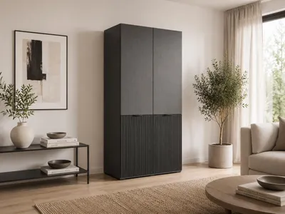 Produktbild von Drehtürenschrank, Falttürenschrank 2-türig Schrank mit Einlegeböden und Kleiderstange, Schlafzimmer  - Schrank Minewra 100 - Nova + Schwarz