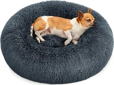 Produktbild von Feandrea flauschiges Hundebett, Katzenkorb, Donut-Kissen, waschbar, herausnehmbare Mittelfüllung, Langplüsch, 60 cm Durchmesser, dunkelgrau