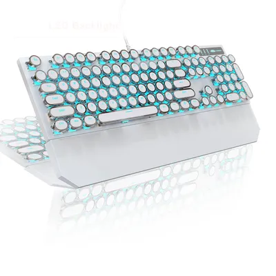 Produktbild von Mechanische Gaming Tastatur 104 Tasten USB, Blue Switch Keyboard mit Handballenauflage, Retro Rundtasten,  blaues Licht, Weiße