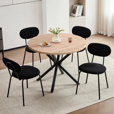 Produktbild von Esstisch Stuhl Set 4 Stühle Runder Holztisch 100 cm Stapelbar Hell Khaki Schwarz