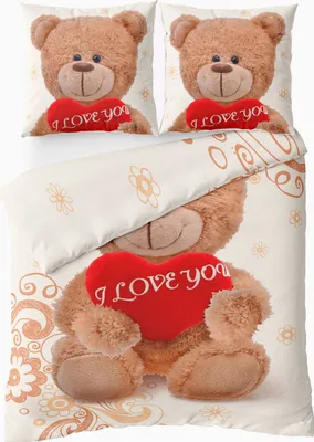 A bedding set featuring teddy bears holding red hearts with the text 'I LOVE YOU'.