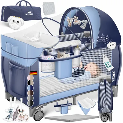Produktbild von KIDIZ® Babybett Reisebett Kinderreisebett Faltbar mit Matratze 120x60, Seiteneingang, Wickelauflage, Mosktionetz, Spielbogen & Tragetasche Baby Beistellbett Kinderbett ab Geburt bis 15 kg