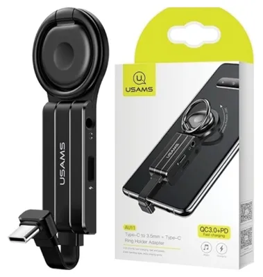 Obrázok produktu pre Usams Adaptér Au11 2V1 Usb-C - 3,5 Mm + Usb-C + Držiak Na Prstenec Čierny/Čierny Sj359Tc01 (Us-Sj359)