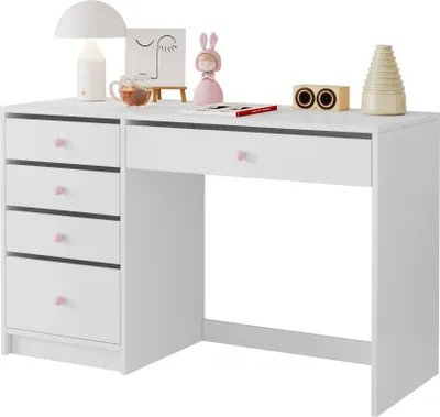 Produktbild von Merax Schreibtisch mit 5 Schubladen, Rosa Keramikgriffen, Kinderschreibtisch, Computertisch, Schminktisch, Bürotisch, Arbeitstisch, 120×45×74 cm, Weiß