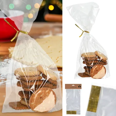 Produktbild von Gebäcktüten 10er Set Folie 14x26x4cm Klarsichttüte Verschluss gold Bodenbeutel lebensmittelecht Tüten