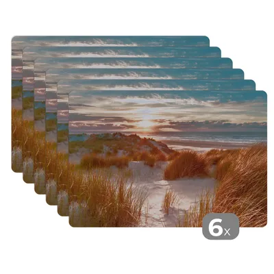Obrázok produktu pre MuchoWow® Podložky Sada 6 podložiek Umývateľné podložky 30x45x0.3cm Duny - rastliny - západ slnka - pláž - more Podložka pod stôl Nekĺzavá a odolná