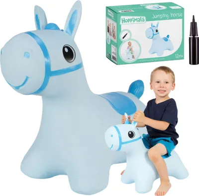 Productafbeelding van Hoppimals Gummi-springkasteel voor kinderen, met pomp, afbeelding: paard, blauw