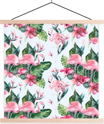 Produktbild von MuchoWow® Textilposter Flamingo - Blumen - Blätter - Muster 120x120 cm mit holzfarbenen Rahmen - Textil-Poster