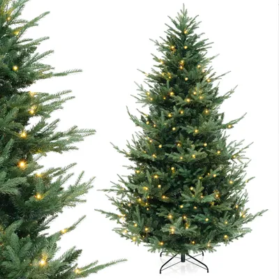 Zdjęcie produktu dla Sztuczna choinka COSTWAY 240 cm, choinka z oświetleniem, 450 ciepłych białych światełek LED i 8 trybów oświetlenia, sztuczna choinka do domu zielona