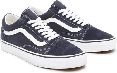 A pair of navy blue Vans Old Skool sneakers with white laces and the signature white side stripe, shown against a white background.