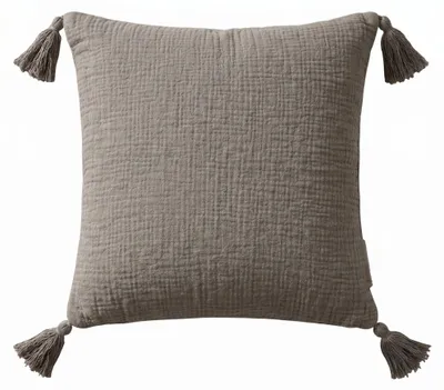 Immagine prodotto di HOMESCAPES, cuscino in mussola grigio con frange, 45 x 45 cm – rivestimento in cotone con imbottitura