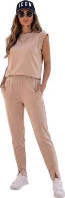 Produktbild von Damen Freizeitanzug 2-teilig – Baumwollmix Lounge Set mit Schulterdetail & Schlupfhose Beige/S/M