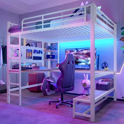 A loft bed with a desk and gaming setup, illuminated by colorful LED lights.