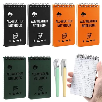Zdjęcie produktu dla 6 sztuk wodoodpornych notatników A7 mini z długopisem, 50 kartek, oprawa spiralna, idealne na podróże i do pracy, w kolorach: czarny, zielony, pomarańczowy