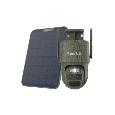 A Reolink surveillance camera and solar panel are shown against a white background.