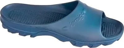 A single blue slide sandal shown from a side-angle on a white background.