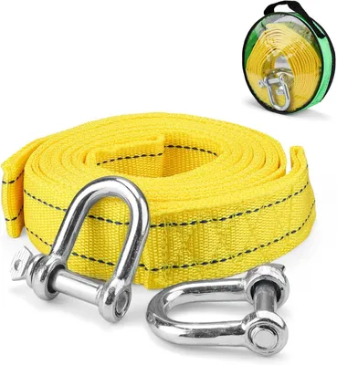 Imagen del producto de Cable de remolque de 4 metros, con una capacidad de tracción de 5 toneladas, fabricado en poliéster y nylon, incluye una bolsa de almacenamiento, ideal para remolcar automóviles