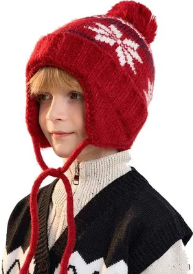 Produktbild von Kinder-Strickmütze in Rot - Mit Bommel & Ohrenschutz