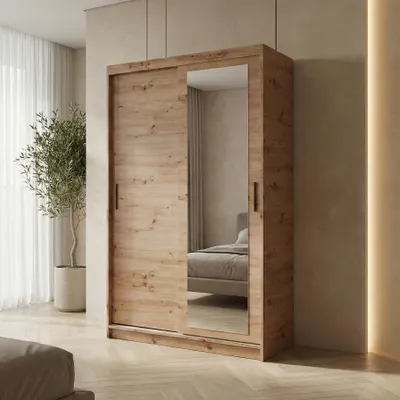 Image de BEAUTYSOFA | Armoire HELA 100 cm en chêne Artisan – Armoire moderne avec miroir et portes coulissantes, design minimaliste