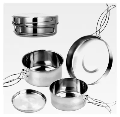 Produktbild von 4-teiliges Campinggeschirr-Set, Edelstahl Outdoor Kochgeschirr, faltbare Töpfe und Teller, Campinggeschirr für Wandern und Reisen, für 1-2 Personen