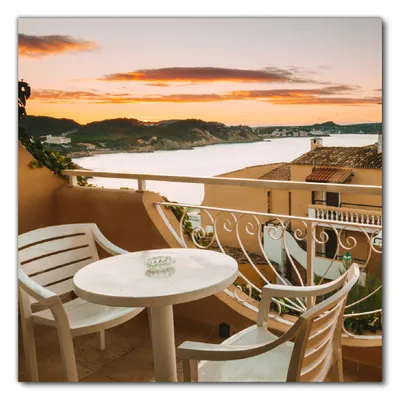 Produktbild von Wallario selbstklebende Möbelfolie/ Tischdecke für Innen und Außen, Größe: 60 x 60 cm - Sommer in Spanien - Ausblick von einer schönen Terrasse auf das Meer