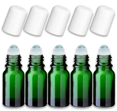 Produktbild von 5x Grüne Glasflasche 10 ml Roll-On mit weißem Verschluss – Fläschchen
