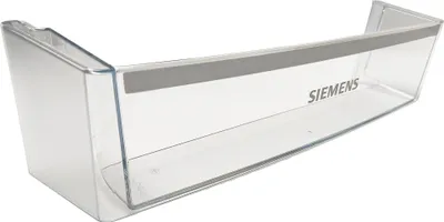 A clear plastic refrigerator door shelf with a gray trim and the Siemens logo.