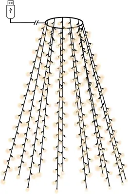 A diagram of a Christmas tree-shaped string of lights with a USB connector.