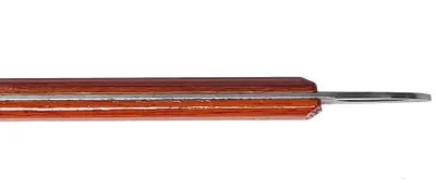 A close-up side view of a kitchen utensil with a wooden handle and a metal blade.